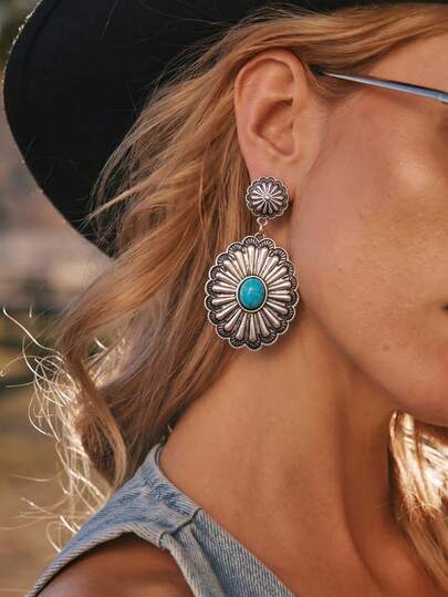 1 Pair Western Cowboy Style Vintage Geometric Oval Flower Inlaid Turquoise Earrings For Women, Suitable For Outings, Parties, Music Festivals And Daily Wear, Versatile
