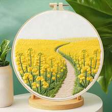 3款美學3D田園花卉刺繡全套材料包，薰衣草/油菜花/櫻花/風景圖案，附圓形刺繡框組，適合初學者紓壓手工製作，臥室牆面裝飾創意節日禮物 - 多色 - 查看 7