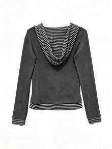 Kaos Lengan Panjang Berkerudung Kancing Motif Garis-Garis Patchwork Gaya Korea untuk Wanita, Atasan Musim Gugur - Grey - View 2