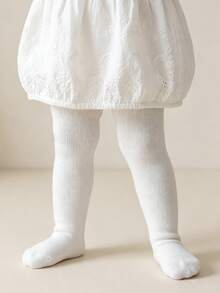 1雙純色嬰幼兒褲襪，簡約百搭風格，適合女嬰 - 白色 - 查看 2
