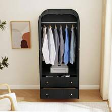 Arched Armoire Wardrobe Closet, Mid Century Modern 2 Door Freestanding Wardrobe Armoire, Fluted Carved Clothing Storage Cabinet Organizer Holder Unit For Bedroom Entryway, Natural Wood - Black - View 9