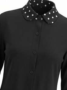Kaos Lengan Panjang Kerah Peter Pan Motif Polkadot Hitam untuk Wanita, Gaya INS, Model Slim Fit, Desain Menawan, Atasan Serbaguna - Hitam - View 8
