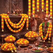 2pcs Artificial Marigold Flower Garland With Gold Bells, 59 Inch Hanging Rope, Suitable For Diwali, Wedding And Festival Decoration, Long Hanging Rope, Suitable For Day Of The Dead, Altar, Halloween And Mexican Style Decoration - Marigold - View 2