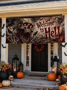 1件裝黑紅配色「Welcome To Hell」歡迎來到地獄橫幅，哥德恐怖風聚酯纖維長方形掛旗，附巨型骷髏、發光眼睛、烏鴉、蝙蝠與骷髏手，適用萬聖節門廊、鬼屋、派對、酒吧、牆面及戶外居家裝飾 - 多色 - 查看 9