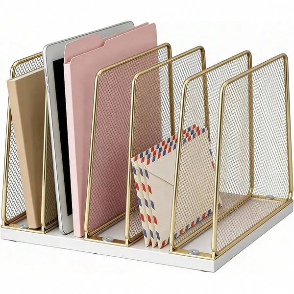 Organisateur de bureau doré, organisateur de fichiers pour bureau, porte-dossiers vertical en métal et bois à 5 sections, rangement pour disques vinyles, organisateur de bureau pour documents, magazines, livres et plus (doré et blanc)