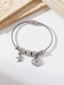 Light Luxury Ocean Element Steel Wire Bracelet, Full Rhinestone Beads With Starfish And Shell Pendant, Waterproof And Fade-Resistant Hand Jewelry - Cix - View 3