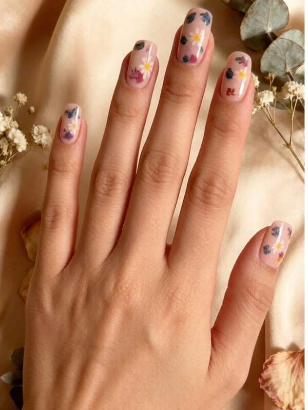24PCS Gentle Nude Pink Floral Short Press-On Nails, Cute To The Max! French Elegant Fresh Sweet Colorful Nail Stickers Transform Your Look In 3 Seconds! Suitable For Girls' Daily Study, Work And Holiday Outfits Fake Nails