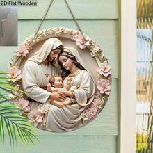 2D Flat Christmas Scene Pink Wooden Hanging Plaque - Pink Wreath Jesus Round Door Decor, Ideal Christmas Decoration For Front Door And Wall, Pre-Drilled Holes, Style As Shown In Size Chart - Multicolor - View 5