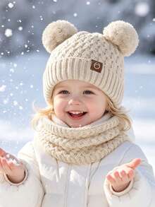 2pcs/Set Soft Cable Knit Children Matching Hat & Neck Warmer Kit, Lovely Pom Pom Bear Ear Set For Kids Outdoor Stroll, Photo Styling & Holiday Gifts - Car Logo - View 3
