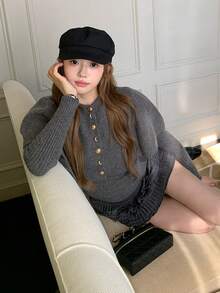 French Sweet Youthful Ribbed Knit Sweater Set Women Autumn/Winter Short Button-Up Cardigan And Long Sleeve Knit Top 2 Pieces Set - Grey - View 3