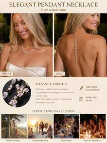 1pc Rhinestone Flower Reversible Necklace With Back Chain, Rhinestone Flower Collarbone Chain Paired With Long Water Drop Crystal Back Drop Chain, Women's Backless Wedding Dress Evening Gown Bridal Shiny Back Accessory - Rhinestone - View 3