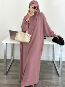 Solid Color Loose One-Piece Hijab Long Robe, Elastic Ribbed Cuffs Wide Sleeve Elegant Jilbab Robe, Muslim Women Daily Prayer Casual Outfit - Multicolor - View 14