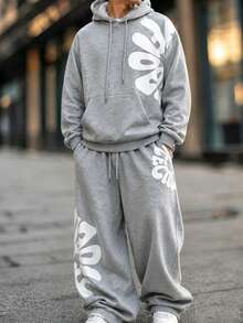 HEYKESON Men's Letter Print Hoodie & Wide Leg Sweatpants 2 Pieces Loose Streetwear Sports Set - Light Grey - View 2
