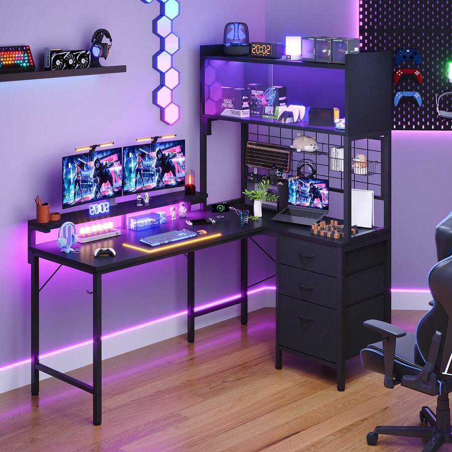 Devoko L-Shaped Gaming Desk With LED Lighting, Computer Desk With Hutch, 3 Fabric Drawers, Monitor Stand, Hooks And Metal Frame, Black/White - Black - View 1