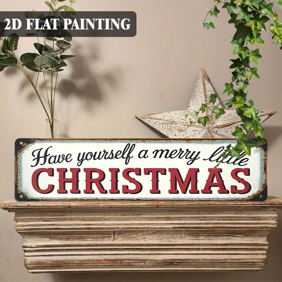 1pc 2D Flat Metal Sign, 40.64X10.16cm, Christmas Theme, "Wish Yourself A Merry Christmas", Suitable For Decorating Porch, Bar And Office - Multicolor - View 1