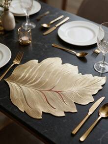 12pcs Gold Rectangular Leaf PVC Placemats, Waterproof & Oil-Proof Western Table Mats, Washable & Odorless Tableware Pads, Non-Slip Table Decor Mats, Suitable For Restaurant, Cafe, Homestay, Holiday, Party, Gathering, Birthday, Wedding, Dinner - Multicolor - View 2