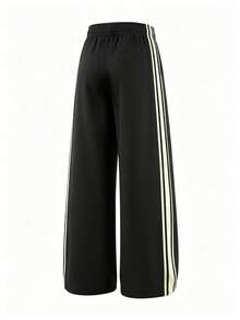 Men's Plus Size Striped Drawstring Waist Pocket Casual Straight Leg Pants, Spring/Autumn Sports Black - Black - View 3