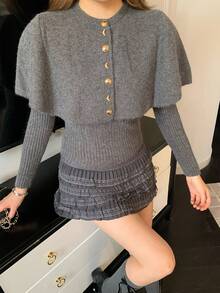 French Sweet Youthful Ribbed Knit Sweater Set Women Autumn/Winter Short Button-Up Cardigan And Long Sleeve Knit Top 2 Pieces Set - Grey - View 2