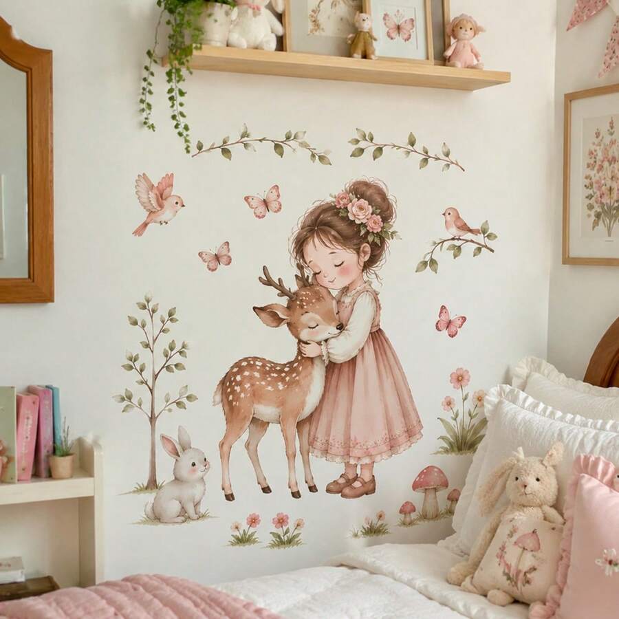 Cute Girl Deer Pattern Nursery Wall Decal, Forest Animal Wall Sticker, Little Girl Hugging Deer Wall Decor, Rabbit Butterfly Floral Tree Wall Art, Children's Bedroom Decoration, Removable Adhesive Sticker - Girl and Fawn - View 1