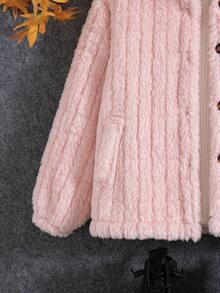 Girls' Casual Fashion Solid Color Vertical Stripe Stand Collar Single-Breasted Design Fleece Lined Thickened Jacket, Versatile For Autumn/Winter - Pink - View 6