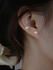 1 Pair S925 Sterling Silver Gentle Fresh Minimalist Mini Dragonfly Stud Earrings, Women's Mori Style Unique Niche Exquisite Fashion Sweet INS Harajuku Casual Party Versatile Elegant Earrings, Daily Date Cute Matching Party Gift - Dragonfly - View 8