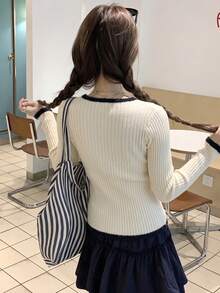 Korean Style Casual Vintage Design Slim Fit Flattering Long Sleeve Round Neck Color Block Knit Sweater Inner Layer Top For Women Autumn/Winter Fall - Apricot - View 8
