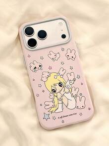 1pc Sweet Girl Cartoon Rabbit Star Autumn Girl Compatible With Apple 17 Pro Max Phone Case 16 Pro Max New 17 Women's 16/15 Pro Sweet Girl Heart 14 Full Coverage Anti-Drop Phone Cover - Pink - View 1