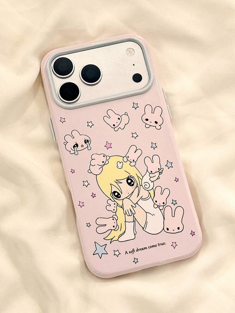 1pc Sweet Girl Cartoon Rabbit Star Autumn Girl Compatible With Apple 17 Pro Max Phone Case 16 Pro Max New 17 Women's 16/15 Pro Sweet Girl Heart 14 Full Coverage Anti-Drop Phone Cover - Pink - View 1
