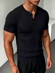 ZYNTH BALENO Men's Summer Ribbed Henley Neck Slim Fit Short Sleeve Sweater, Suitable For Outdoor Sports And Gym Workouts - Black - View 5