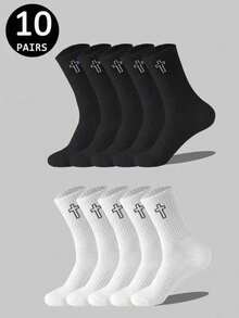 5/10 Pasang Kaos Kaki Cross Kasual Modis Serbaguna Olahraga Setengah Betis - Hitam dan Putih - View 6