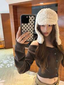 Women's Off-Shoulder Long Sleeve Cropped Sweater, Off-Shoulder Slimming Knit Top, Spring/Autumn - Brown - View 1