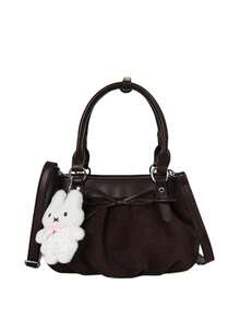 1pc Women's Solid Color Bucket Bag, Fashion Bowknot Decor Shoulder Crossbody Bag With Cartoon Pendant, Suitable For Commuting, Shopping, Gift Giving - Coffee Brown - View 7