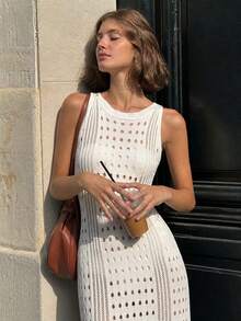 Vestido largo de punto calado blanco con lunares, estilo sexy francés, corte ceñido favorecedor, para mujer, primavera/verano/otoño 2026 - Blanco - Ver 1