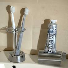 Set de 2 piezas Soporte para cepillo de dientes & Exprimidor de pasta de dientes 2 en 1, Estante de almacenamiento para baño, Resistente a la oxidación & Duradero, Organizador de taza para cepillo de dientes, Organizador de encimera ahorrador de espacio - Multicolor - Ver 4