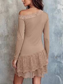 Women's Crisp Style Grey-Brown Autumn Short Dress, Cold Shoulder Neckline, Scalloped Lace Cuffs, Ruffled Lace Layered Hem, Fitted Dress Suitable For Downtown Gatherings - Brown - View 2
