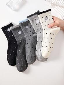 5 Pairs Women's New Floral Mid-Calf Socks, Vintage Tulip Design, Loose Cuff Non-Constricting, Cute Floral Lace Socks, Suitable For All Seasons, Random Colors - Multicolor - View 14