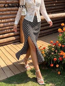 Women Elegant Summer Striped Split Midi Skirt, Holiday Festival Outfit, Versatile Skirt Suitable For Autumn And Winter - Black and White - View 1