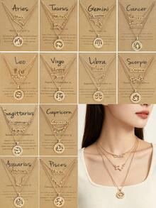 3pcs Stackable Zodiac Symbol Pendant Collarbone Chain Necklace Set, Birthday Gift For Women, Gold Plated Necklace Set - Yellow Gold - View 1