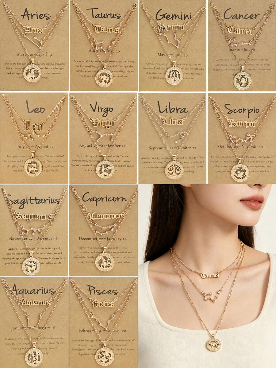 3pcs Stackable Zodiac Symbol Pendant Collarbone Chain Necklace Set, Birthday Gift For Women, Gold Plated Necklace Set - Yellow Gold - View 1