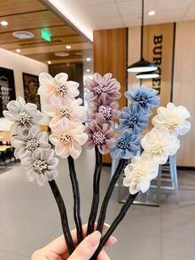 1pc Gentle Organza Flower Slouchy Hair Bun , Elegant Pearl Petal Design, Easy Korean-Style Bun Hair Styling, Quick Twist Hair Stick, No Hair Damage, Versatile Vintage Silk Chiffon Hair Accessory For Daily Commute, Spring/Summer Outfits, Sweet Back-Of-Head Hair Tie, Atmosphere-Enhancing Gentle Look - A - View 6