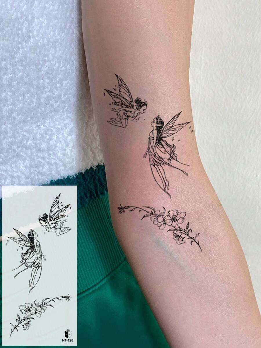 1pc Black Ins Style Aesthetic Fairy Floral Branch Pattern Temporary Tattoo Sticker, Waterproof Body Skin Tattoo For Arm, Shoulder, Neck, Chest, Leg, Party Gift, Holiday Gift, Concert - Black - View 1
