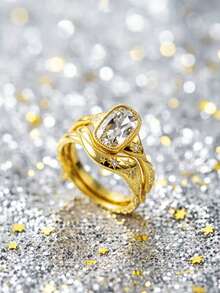 Juego de 2 anillos estilo europeo y americano Starlight Gold Star, anillos vintage con línea retorcida y diamante de corte rectangular, anillos apilables de atmósfera para mujer - Dorado - Ver 4