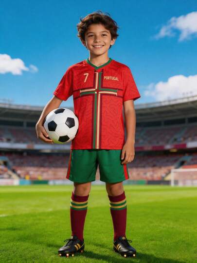 SURUIDA Uniforme de fútbol de la Copa del Mundo de Portugal para niño preadolescente, estilo de equipo nacional con cuello en V, jugador estrella #7, conjunto deportivo cómodo para padres e hijos, adecuado para niños y niñas en partidos de fútbol, entrenamiento, uso casual y festivo, y regalo para niños