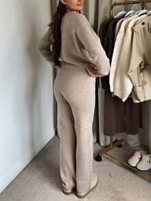 2 Pieces Knit Set With Zipper Cardigan And Drapey Wide Leg Pants - Gray Card - View 8
