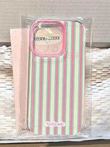1pc Pink Green Vertical Stripe Solitude English Print Pink Large Window Transparent TPU Phone Case, Raised Camera Frame Full Coverage Shockproof Protective Shell, Compatible With All Apple Series, Fresh Dopamine Korean Ins Style - Clear - View 7