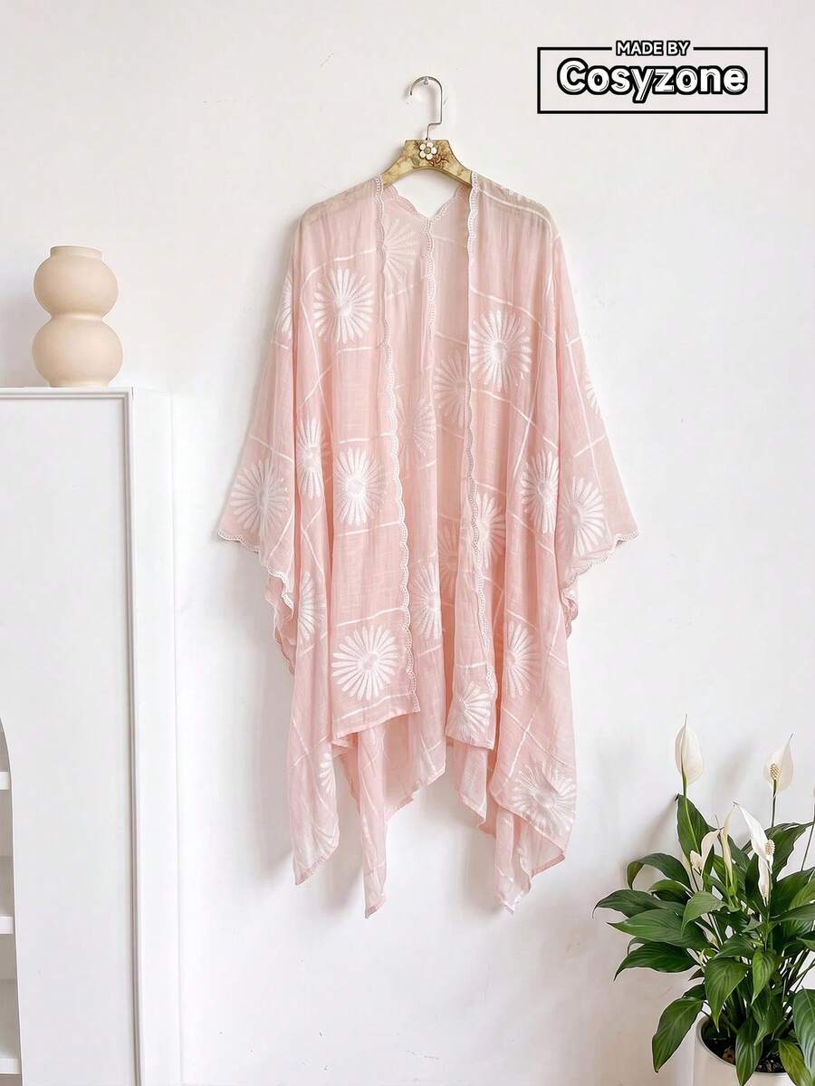 1件優雅花卉刺繡開襟女款和服披肩,沙龍裙,春夏波希米亞風外套,海灘度假防曬,裝飾性刺繡開襟衫,適合日常搭配,禮物首選 - 粉色 - 查看 1