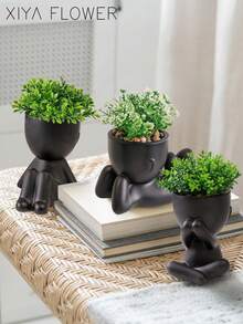 1/3pcs Artificial Succulent Plants, Single Small Human-Shaped Succulent Potted Plant, 3 Styles Available, Black Pot, Cartoon Design, PP Material, PE Material, Green, Desktop Decoration, Home Decor, Garden Decoration, School, Valentine's Day Gift, Dorm, Office Decoration - Black - View 4