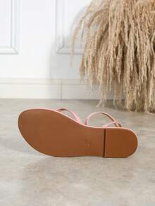 Sandal Kulit Paten Wanita Model Thong Strap Silang Ujung Bulat, Sandal Datar Musim Panas Minimalis dan Serbaguna - Watermelon Pink - View 8
