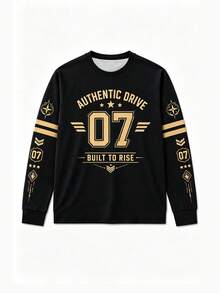 Plus Size Men's Raglan Sleeve Crew Neck T-Shirt With Digital Print Pattern, Long Sleeve, Machine Washable, Suitable For All Seasons - Black - View 2