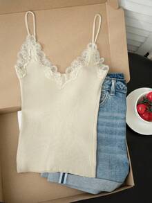 Women's Lace Camisole Tank Top With V-Neck And Lace Patchwork, Knitted Base Layer For Autumn, Winter, Spring, Christmas And New Year - Apricot - View 5